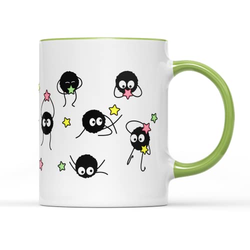 Soot Sprites Wrap Kaffeetasse Tasse Tasse Anime Manga Film Studio Susuwatari Neighbor Spirits Geschenk Heavy Duty Keramikgriff beschichtet Spülmaschinenfest Mikrowellengeeignet (hellgrüner Griff von SmartyPants