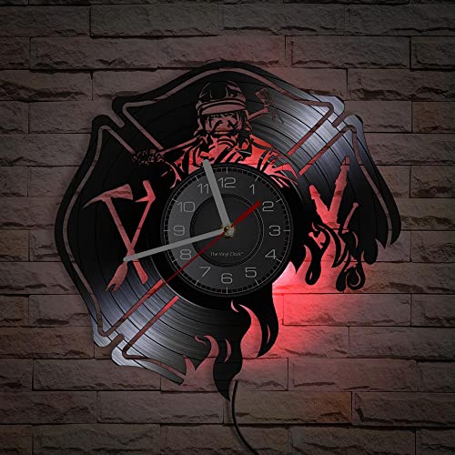 Smotly Vinyl Wanduhr, Feuerwehrmann Muster Analog Uhr, LED Nachtlicht mit Fernbedienung, Wanddekoration Wanduhr Geschenk! Smotly Vinyl Wanduhr, Feuerwehrmann Muster Analog Uhr, LED Nachtlicht mit Fernbedienung, Wanddekoration Wanduhr Geschenk! von Smotly