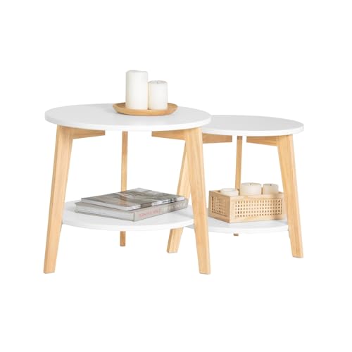 SoBuy FBT75-W 2er Set Beistelltisch mit runden Ablagen Couchtisch Sofatisch Kaffeetisch Wohnzimmertisch Kautschukholz Weiß/Natur von SoBuy