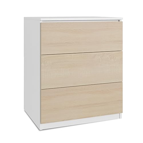 SoDREAMER Kommode 3 Schubladen Weiß - Sonoma | 80x60x50 cm | Schrank für Kleidung, Dokumente, kleine Gegenstände | Ideal für Schlafzimmer, Wohnzimmer, Kinderzimmer und Büro | 3 geräumige Schubladen von SoDREAMER