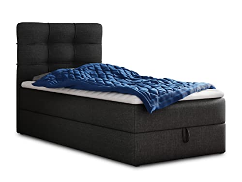 Boxspringbett Best Mini mit Bettkasten und Matratzentopper - Einzelbett mit Bonell-Matratze und Topper, Polsterbett, Bett, Schlafzimmer (120 x 200 cm, Schwarz (Inari 100)) von Sofnet