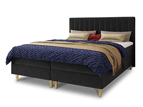 Boxspringbett Gold mit 2 Bettkästen und Topper - Doppelbett, Bonell-Matratze, Polsterbett, Bett mit Matratzentopper, Schlafzimmer, Velours Stoff (Schwarz (Manila 18), 180 x 200 cm) von Sofnet