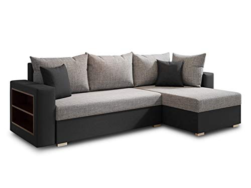 Ecksofa Lord mit Regal und Schlaffunktion - Sofa mit Bettkasten, Schlafsofa, Polsterecke, Couch L-Form, Couchgarnitur, Sofagarnitur (Schwarz + Grau (Dolaro 08 + Berlin 01), Ecksofa Rechts) von Sofnet