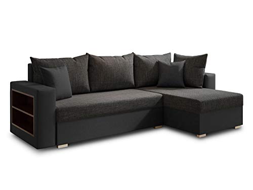 Ecksofa Lord mit Regal und Schlaffunktion - Sofa mit Bettkasten, Schlafsofa, Polsterecke, Couch L-Form, Couchgarnitur, Sofagarnitur (Schwarz + Schwarz (Dolaro 08 + Berlin 02), Ecksofa Rechts) von Sofnet