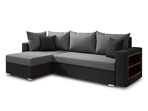 Ecksofa Lord mit praktischen Regal - Sofa mit Bettkasten und Schlaffunktion, Schlafsofa, Polsterecke, Couch L-Form, Couchgarnitur, Sofagarnitur (Schwarz + Grau (Alova 04 + 10), Ecksofa Links) von Sofnet