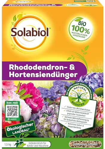 Solabiol Rhododendron- & Hortensiendünger, Spezialdünger mit Sofort- und Langzeitwirkung für Rhododendron, Hortensien und andere Moorbeetpflanzen, 1,5 kg von Solabiol