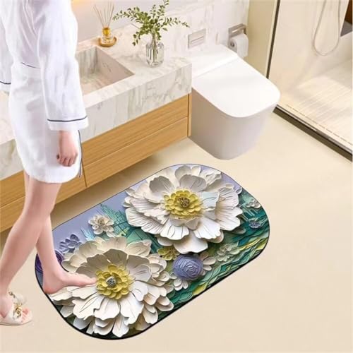 Blume Badezimmerteppich Badematte rutschfest, Bathroom Mat Mats, Diatomite Stone Bath Mat, Badezimmer Teppiche, Duschvorleger Schnelltrocknend, FußMatte Badezimmer Duschmatte Stein 50x80cm von Songtt