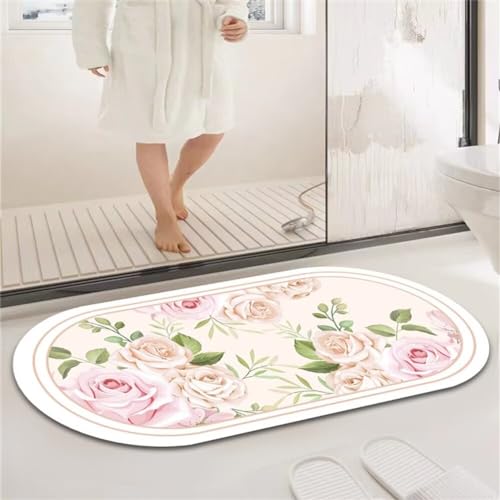 Blume Badezimmerteppich Badematte rutschfest, Bathroom Mat Mats, Diatomite Stone Bath Mat, Badezimmer Teppiche, Duschvorleger Schnelltrocknend, FußMatte Badezimmer Duschmatte Stein 50x80cm von Songtt