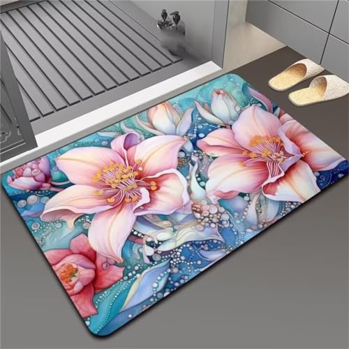 Blume Badezimmerteppich Badematte rutschfest, Bathroom Mat Mats, Diatomite Stone Bath Mat, Badezimmer Teppiche, Duschvorleger Schnelltrocknend, FußMatte Badezimmer Duschmatte Stein 50x80cm von Songtt