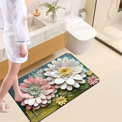 Blumen Badezimmerteppich Badematte rutschfest, Bathroom Mat Mats, Diatomite Stone Bath Mat, Badezimmer Teppiche, Duschvorleger Schnelltrocknend, FußMatte Badezimmer Duschmatte Stein 50x80cm von Songtt