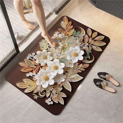 Blumen Badezimmerteppich Badematte rutschfest, Bathroom Mat Mats, Diatomite Stone Bath Mat, Badezimmer Teppiche, Duschvorleger Schnelltrocknend, FußMatte Badezimmer Duschmatte Stein 50x80cm von Songtt