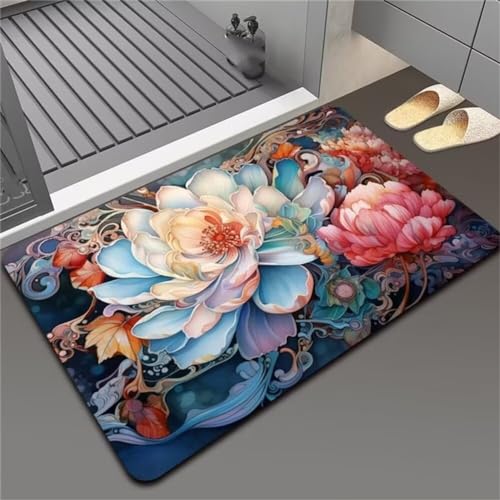 Blumen Badezimmerteppich Badematte rutschfest, Bathroom Mat Mats, Diatomite Stone Bath Mat, Badezimmer Teppiche, Duschvorleger Schnelltrocknend, FußMatte Badezimmer Duschmatte Stein 50x80cm von Songtt