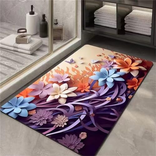 Blumen Badezimmerteppich Badematte rutschfest, Bathroom Mat Mats, Diatomite Stone Bath Mat, Badezimmer Teppiche, Duschvorleger Schnelltrocknend, FußMatte Badezimmer Duschmatte Stein 60x120cm von Songtt