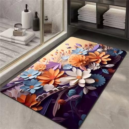 Blumen Badezimmerteppich Badematte rutschfest, Bathroom Mat Mats, Diatomite Stone Bath Mat, Badezimmer Teppiche, Duschvorleger Schnelltrocknend, FußMatte Badezimmer Duschmatte Stein 60x120cm von Songtt