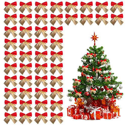 Souarts 48 Stück Weihnachtsschleifen, Weihnachtsbaum Schleifen Rot Gold Weihnachten Deko Glitzer Schleifen Weihnachtsbogen Band Bogen Ornamente für Weihnachtskranz Geschenk(Rotes Gold) von Souarts
