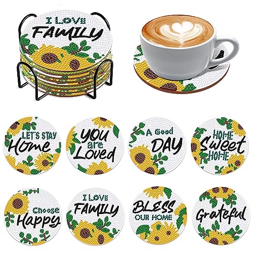 Souarts Blumen Diamond Painting Untersetzer mit Halter, 8PCS DIY Diamant Painting Coasters Sonnenblume Basteln Erwachsene Kinder für Glas Tassen Vasen Kerzen Getränke (Weiss) von Souarts