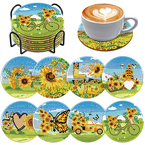 Souarts Blumen Diamond Painting Untersetzer mit Halter, 8PCS DIY Diamant Painting Coasters Sonnenblume Basteln Erwachsene Kinder für Glas Tassen Vasen Kerzen Getränke (Blau Grün) von Souarts