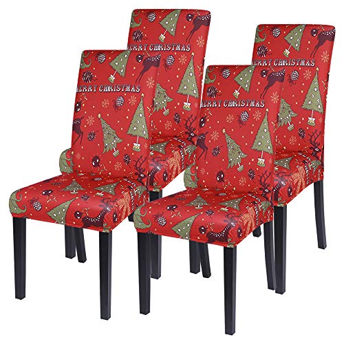 Souarts Xmas weihnachtlich Stuhlhussen 1er/2er/4er/6er Set Strech Stuhlbezug Moderne Husse Dekoration Stuhlüberzug Stuhl Universal Passform für Esszimmer Party Banquet (4er Set, Rot Green Baum) von Souarts