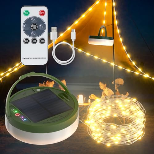 SoulBay Camping Lichterkette, 10m Langen Solar USB Aufladbar Campinglampe mit 5 Beleuchtungsmodi, Camping Zubehör Wasserdichte mit Fernbedienung für Outdoor Garten Balkon Zimmer Deko von SoulBay