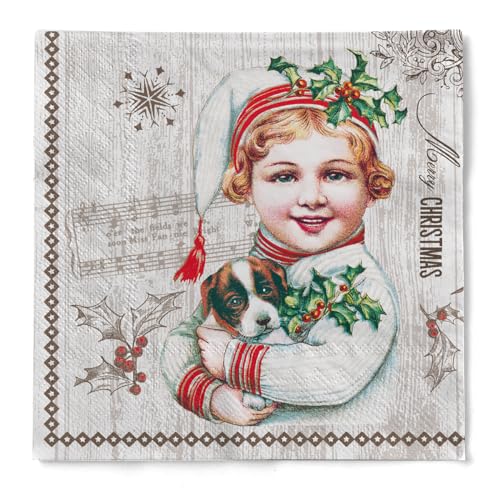 Sovie HOME Weihnachtsserviette Puppy | aus Tissue | Weihnachten Nostalgie 20er Jahre Tischdekoration Fest | 33 x 33 cm, 20 Stück von Sovie Home