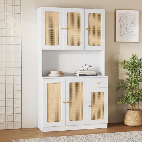 Elegantes Rattan-Highboard-mit 6 Rattantüren und Einer Schublade mit offenem Stauraum in der Mitte, Wohnzimmer-Sideboard, Eingangsschrank, Esszimmer-Highboard (weißes) von Soweiz