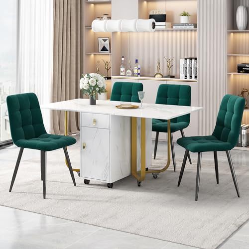 Essgruppe,(Set,150×80×76cm Esstisch mit 4 Stühlen), Klappbarer Küchentisch Set, Polsterstuhl Design Stuhl mit Rückenlehne,MDF Tischplatte in Weißer,Goldfarbene Tischbeine (Samt, Grüner) von Soweiz