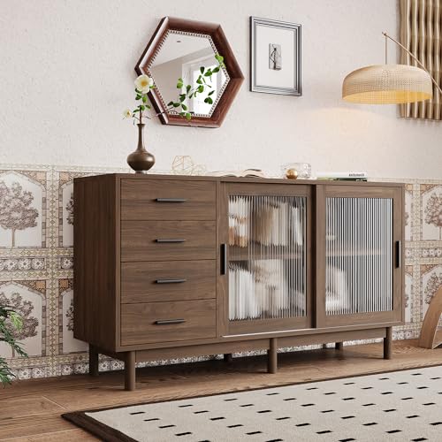 Hochwertiges Sideboard aus nussbaumfarbener Spanplatte mit Glasvitrine - 4 Schubladen, 2 Glastüren, 140x40x75.8cm, Wohnzimmer Sideboard, Wohnzimmerunterschrank, Eckschrank von Soweiz