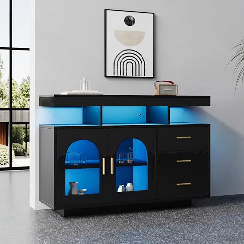 LED-Sideboard-Buffetschrank, 120 cm großer Kaffeebarschrank, Schubladenschrank, Sideboard Wohnzimmer, Hochglanz-Küchenschrank mit 16-Farben-Lichtern (Schwarz) von Soweiz