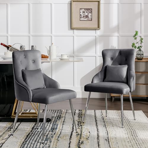 Moderner Loungesessel, 2er Set Esszimmerstuhl mit Knopfmuster, Gepolsterter Sessel, Stühle mit Metallbeinen, Schlafzimmer-Wohnzimmerstuhl mit Lendenkissen (grau) von Soweiz
