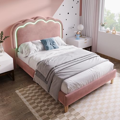 Polsterbett LED Einzelbett 90x200cm, Bettgestell mit Lattenrost und Verstellbares Kopfteil, Gepolstertes Bett,Bettrahmen Jugendbett für Schlafzimmer Gästezimmer (Samt, Rosa) von Soweiz