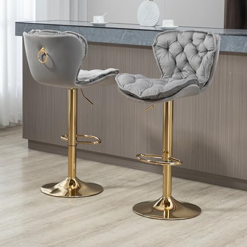 Swivel Bar Stool 2 Piece Adjustable Counter Height Chair with Footrest for Kitchen, Dining Room 2PC/Set,Ergonomisch gestalteter Stuhl mit solidem Metallfuß (Velvet, Gray) von Soweiz