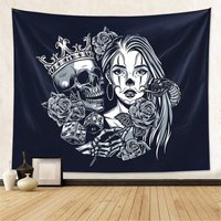 Totenkopf Gobelin Schwarz Weiß Trippy Skelett Kuss Liebhaber Blumen Für Zimmer Schlafzimmer von SpaceEmbellishment