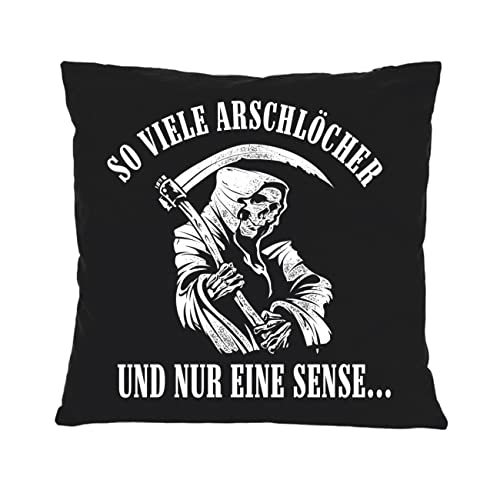 Spaß Kostet Kissen mit Spruch und Füllung Dekokissen Totenköpfe Skull Motiv mit Sense Stinkefinger Spruch von Spaß Kostet