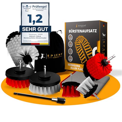 Bürstenaufsatz Akkuschrauber 9er Set Bürste Akkuschrauber Reinigt Motorrad Felgen, Auto, Polster Reinigungsbürste Bohrmaschine Felgenbürste, Polsterbürste Auto, Drill Brush Set von Specht Tools