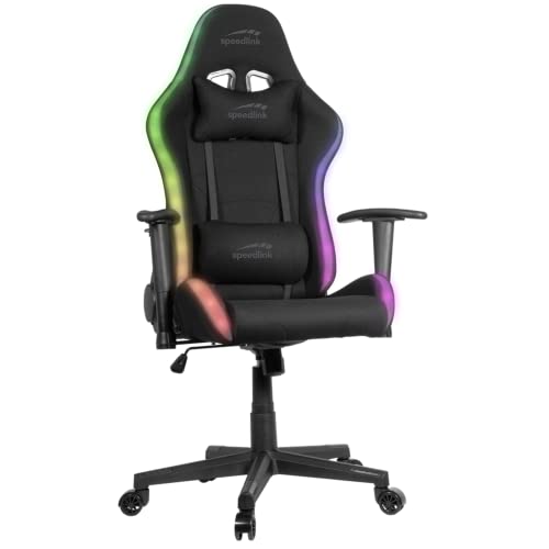 Speedlink REGYS RGB Gaming Stuhl Stoff Bezug – Gaming Stuhl mit LED Beleuchtung, 300 RGB Beleuchtungsmodi mit Fernbedienung, Wippfunktion, Nackenkissen, Lendenwirbelkissen, schwarz von Speedlink