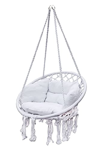 Relax Hängesessel 80 cm inklusive Kissen - weiß - Hängekorb für Innen und Außen - Schwebe Hänge Sessel Korb Schaukel aus Baumwolle geflochten Outdoor von Spetebo
