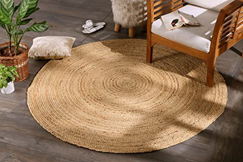 Spetebo Jute Teppich geflochten Natur - rund / 150 cm - Kurzflor Läufer im Ethno-Style - Niedrigflor Naturfaser Matte recycelbar wasserabweisend antistatisch farbecht von Spetebo