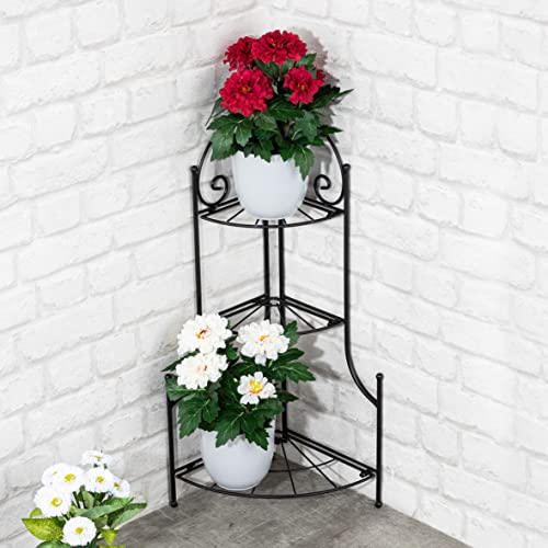 Spetebo Metall Blumenregal schwarz mit 3 Ablagen - 65 x 23 cm - Pflanzen Eckregal für Außen und Innen - Garten Deko Blumen Eck Regal Pflanzentreppe Pflanzenständer klappbar von Spetebo