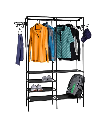 Spetebo Metall Garderobe mit 6 Ablagen und Kleiderstange - 170 x 108 cm - Kleiderständer schwarz freistehend - Kleiderschrank offen Garderobenständer Eingangsschrank mit Schuhregal von Spetebo