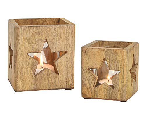 Spetebo Windlichthalter 2er Set aus Mango Holz - mit Glaseinsatz/im Stern Dekor - Holz Teelicht Halter Kerzenhalter von Spetebo