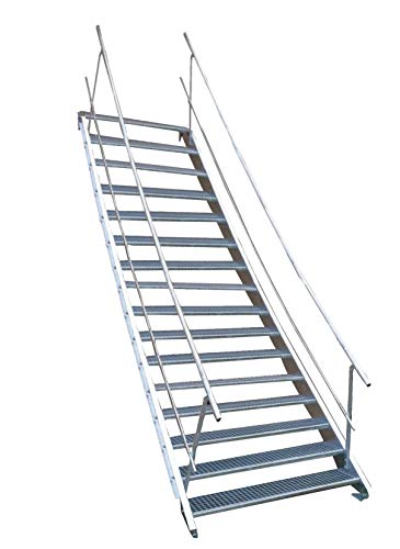 16 Stufen Stahltreppe mit beidseitigem Geländer/Breite 90cm Geschosshöhe 274-340cm / Robuste Außentreppe/Wangentreppe/Stabile Industrietreppe für den Außenbereich/Inklusive Zubehör von Srm-Design
