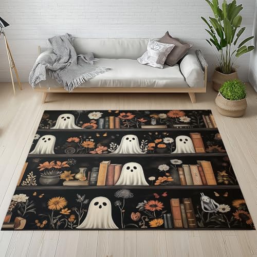 Sshjfeu Retro Bücherregal Teppich Weich Wohnzimmer, Bücher Blumen Pflanzen Teppiche Kurzflor 80 X 120 cm Waschbar rutschfest, Halloween Geist Teppich Schlafzimmer, Kinderzimmer, Esszimmer Sshjfeu Retro Bücherregal Teppich Weich Wohnzimmer, Bücher Blumen Pflanzen Teppiche Kurzflor 80 X 120 cm Waschbar rutschfest, Halloween Geist Teppich Schlafzimmer, Kinderzimmer, Esszimmer von Sshjfeu