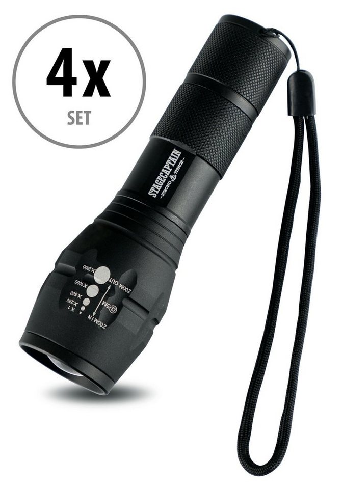 Stagecaptain LED Taschenlampe TF-1000 - Wasserfestes Outdoor Flashlight (Spar-Set, 4-St., Langlebiger 1000 Lumen CREE Chip), mit 3 Helligkeitsstufen, Stufenloser Zoom, Stroboskop und SOS Modus von Stagecaptain