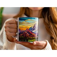 Rocky Gipfel Keramikbecher Handgefertigte Glasmalerei Mountain Majesty Design Großzügige Kapazität Natur Enthusiast's Retreat Coffee Trinkgeschirr von StainedGlassGlow