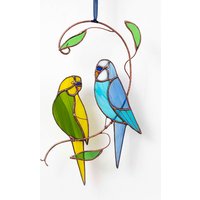 Glasmalerei Wellensittich Papageien Am Zweig Gartendekoration Vogel Sonnenfänger Fensterbehang Veranda Aufhängung von StainedGlassMA