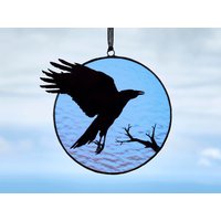 Raben Silhouette Auf Dem Glasmalerei Mond Halloween Suncatcher Fensterbild Gothic Fenster Buntglas von StainedGlassMA