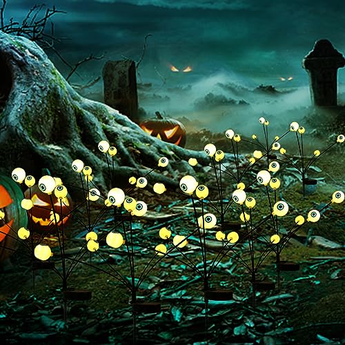 Starnearby 2 Stück Solarlampen Halloween Deko Garten, 6 LED Augapfel Halloween Lichter, Solar Gartenlichter Außen, IP65 Wasserdicht Leuchtend Lichterkette für Halloween Dekoration (Warmweiß) von Starnearby