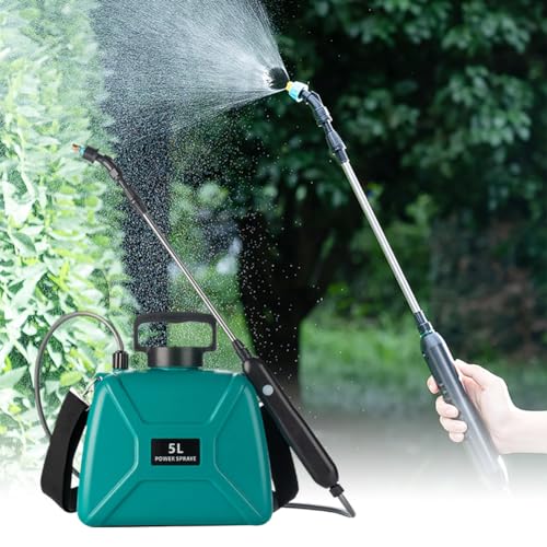 Starnearby Elektrischer Drucksprüher 5 Liter, Akku Gartenspritze Pflanzensprüher mit Teleskopstab, 3m Schlauch, 4 Düsen und Schultergurt, Unkrautspritze & Wassersprüher für Garten, Hof, Rasen von Starnearby