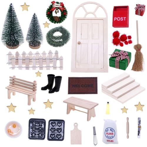 Starnearby Wichtel Zubehör Weihnachten, 40PCS Wichteltür Set, Miniatur Wichteltür Zubehör Komplettset, Weihnachtsdekoration, Holz Wichtelhaus Weihnachtsdeko, Feentür Set für Kinder Geschenke von Starnearby