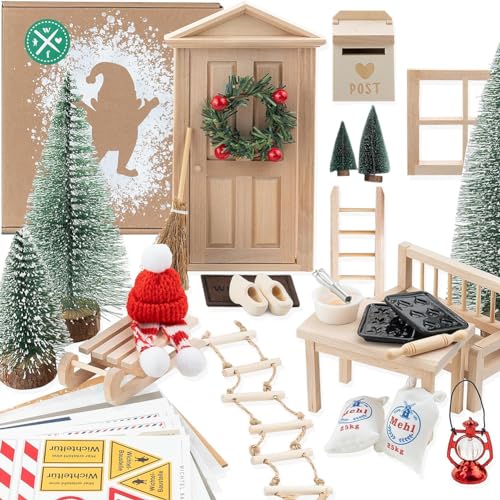 Starnearby Wichtel Zubehör Weihnachten Wichteltür Set, Miniatur Wichteltür Zubehör Komplettset, Weihnachtsdekoration, Holz Wichtelhaus Weihnachtsdeko, Feentür Set für Kinder Geschenke von Starnearby